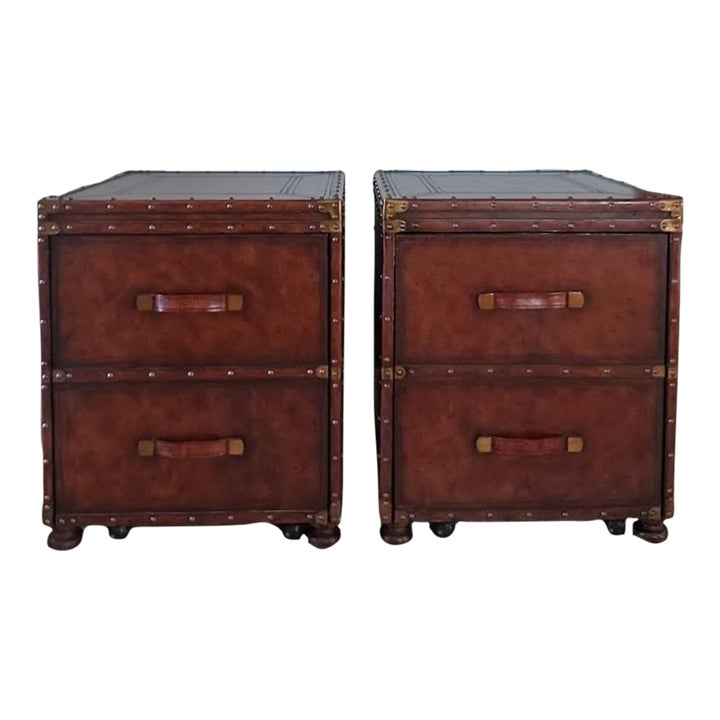 Maitland Smith Leather Steamer Trunk End Table / Nightstands a Pair