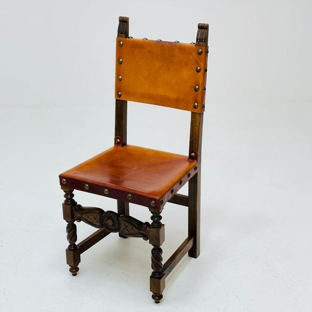 Antique Swedish Folk Art Farm Country Dining Chairs in Pine and Tan Leather, 1890s For Sale - Image 6 of 11