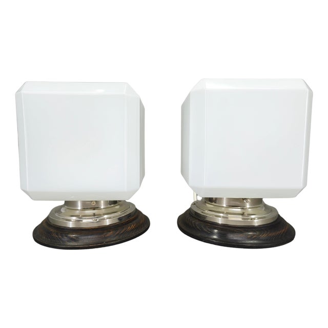 Art Deco Nickel Wall Lights with Milky Glass Shades, 1930s, Set of 2 For Sale