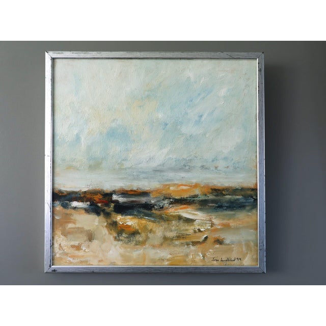 GOLDEN DRIFT Size: 16.5 x 16.5 inches (including frame) Oil on board A serene and atmospheric abstract landscape that...