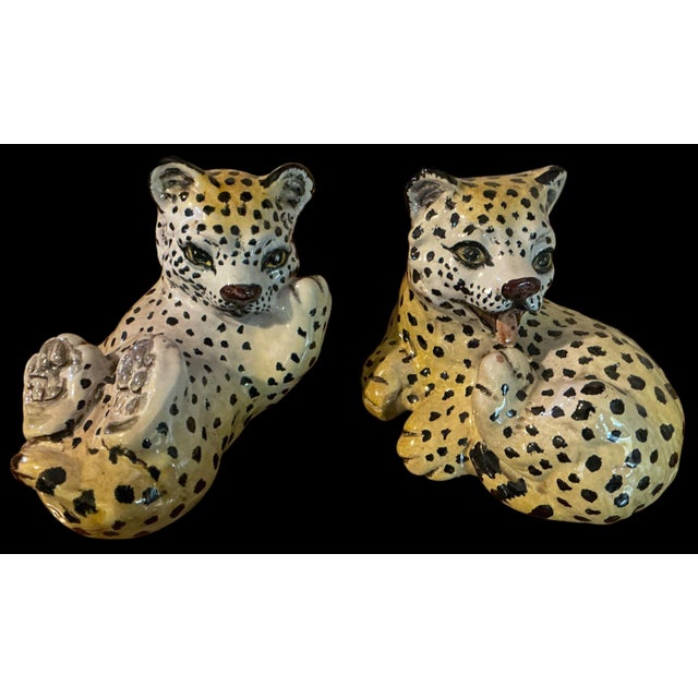 Hollywood Regency Italian Terracotta Majolica Leopard Cubs Jungle Cat -S/2 For Sale - Image 4 of 7