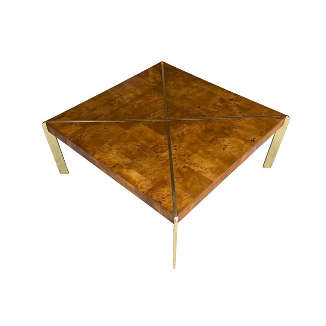 Vintage 1970s Burl Wood & Brass Coffee Table | Hollywood Regency Milo Baughman Style | Parquet Burl Cocktail Table For Sale - Image 14 of 16