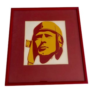 Original Block Print of Charles Lindbergh Aviator, Matted and Framed Vintage Pop For Sale