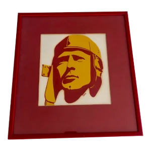 Original Block Print of Charles Lindbergh Aviator, Matted and Framed Vintage Pop