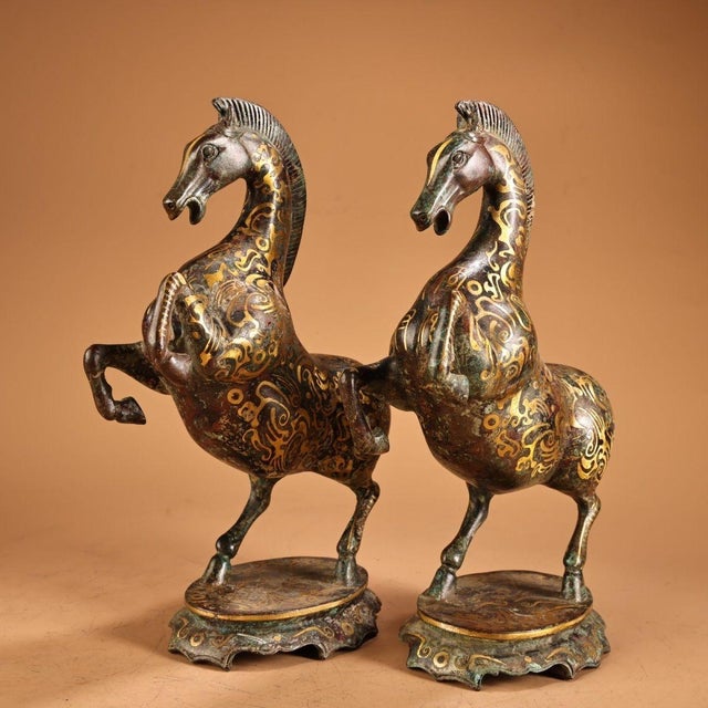 Metal Pair of Vintage Bronze Galloping Horses – Gold Inlaid Figures on Stands For Sale - Image 7 of 10