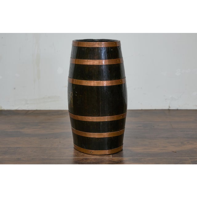 English Wooden Barrel, Copper Braces, Royal Coat of Arms Transfer, Circa 1900 For Sale - Image 9 of 12