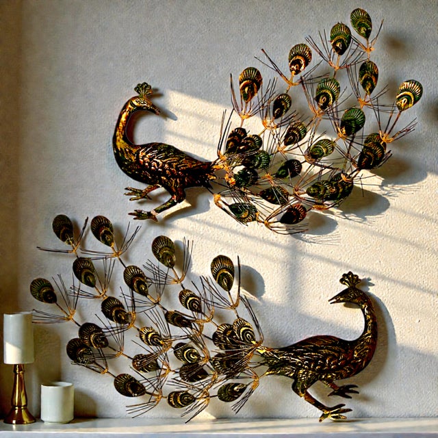 1960s Vintage Facing Peacocks Wall Art Mid Hollywood Regnecy Original Metal Sculptures - A Pair For Sale - Image 5 of 5