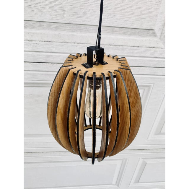 1990s Wood Panel Pendant Lights- Set of 3 For Sale - Image 5 of 11