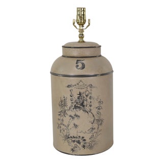 Vintage English Export Tea Caddy Hand-Painted Chinoiserie Figurines Table Lamp For Sale