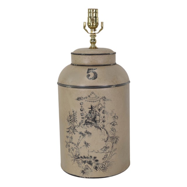 Vintage English Export Tea Caddy Hand-Painted Chinoiserie Figurines Table Lamp For Sale