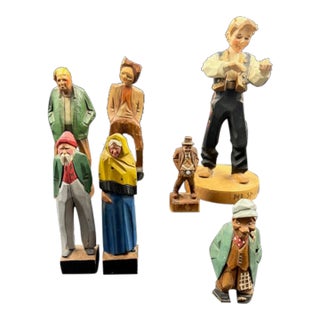 Early 20th Century Collection of Hand Carved Folk Art Human Wood Figures- 6 Pieces For Sale