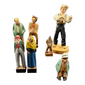 Early 20th Century Collection of Hand Carved Folk Art Human Wood Figures- 6 Pieces