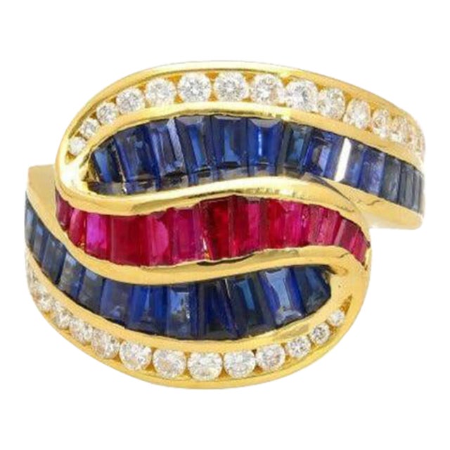 Multi-Gem 3 Carat Baguette-Cut Cluster Ruby, Sapphire, & Diamond Channel Set Rin, Size 7.5 For Sale