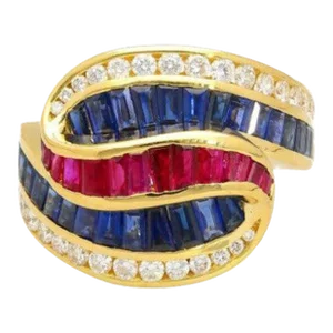 Multi-Gem 3 Carat Baguette-Cut Cluster Ruby, Sapphire, & Diamond Channel Set Rin, Size 7.5