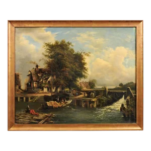 French 19th Century Oil Landscape Painting Depicting a Country Life Scene