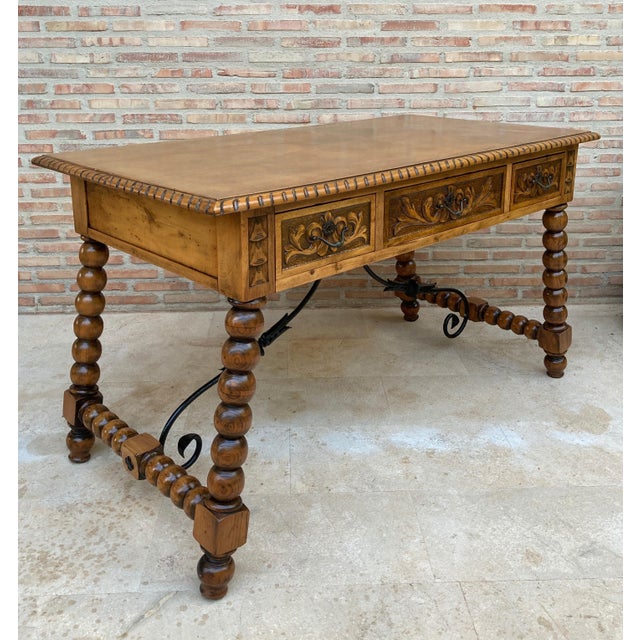 19th Century French Hand Carved Oak Desk with Iron Stretcher For Sale - Image 4 of 18
