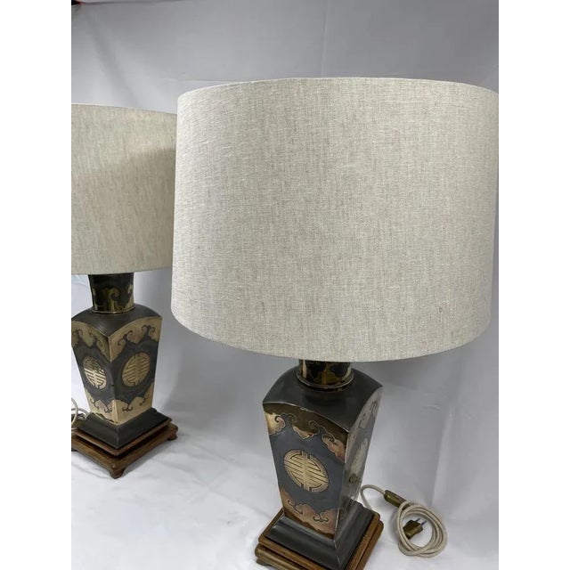 Metal Lamps with Brass Applications on Wooden Bases, 1970s, in Very Good conditions. Designed 1950 to 1959 European Plug...