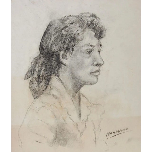 Vintage Mid Century Charles Normann Charcoal Portrait Drawing of Woman For Sale - Image 4 of 4