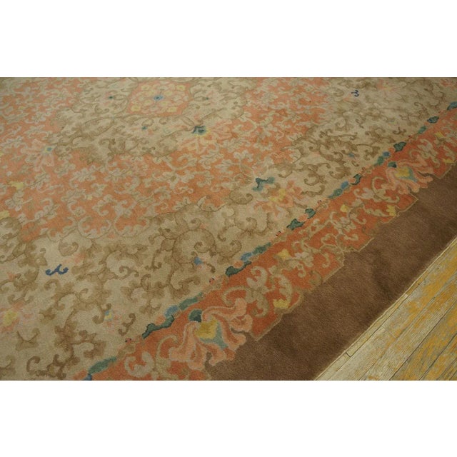 1920s Tan Sand Floral Ming Antique Chinese Art Deco Rug 9' 0''x11' 9'' Handwoven Wool Carpet For Sale In New York - Image 6 of 12