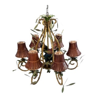 Vintage Italian Faux Bamboo Tole Chandelier With Parrots For Sale