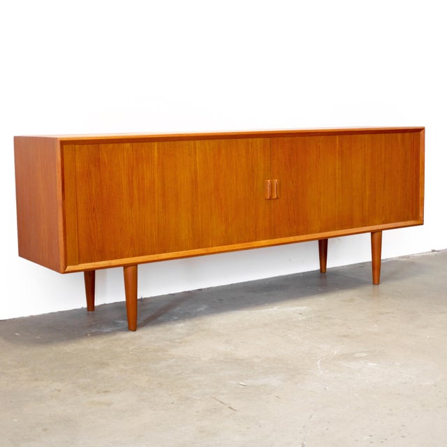 Mid-Century Modern Faarup Møbelfabrik Model #49 Danish Teak Sideboard With Tambour Doors Designed by Svend Aage Larsen For Sale - Image 3 of 14