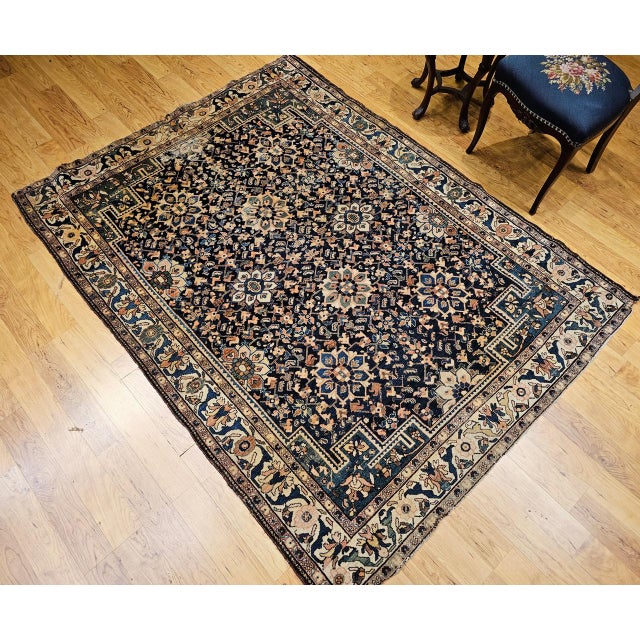 Vintage Persian Malayer Area Rug, Hand-Knotted Wool, Geometric Pattern, 5x7, Navy & Ivory For Sale - Image 9 of 18