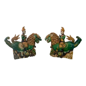 Chinese Glazed Terra Cotta Foo Dog Roof Tiles - a Pair