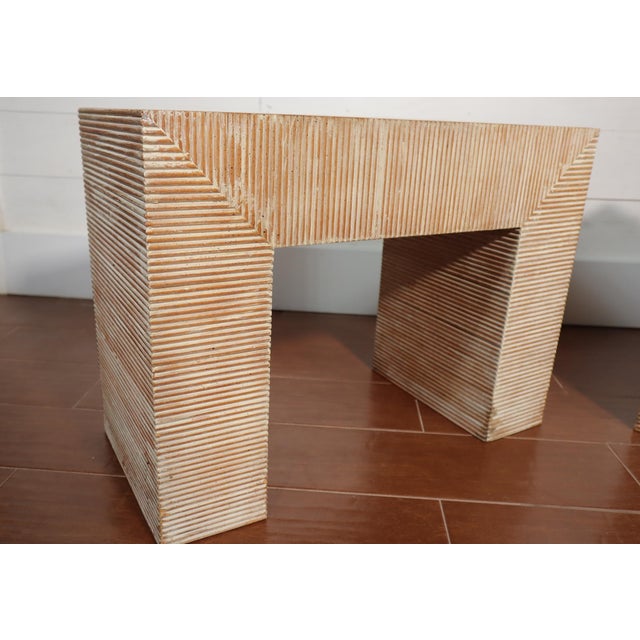 1970s Vintage Pair Sarreid Stool Bench Table Stacked Striped Wood Made in Spain Minimalist Boho Chic Japandi For Sale - Image 5 of 11