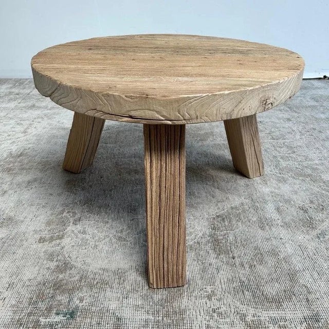 2020s Elm Wood Round Tri Leg Side Table For Sale - Image 5 of 11