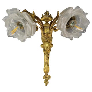 French Neoclassical Style Bronze and White Frosted Glass Two-Arm Sconce, 1890s For Sale