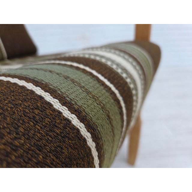 Mid-Century Modern Danish Armchair in Striped Furniture Wool and Carved Oak Wood, 1970s For Sale - Image 3 of 17