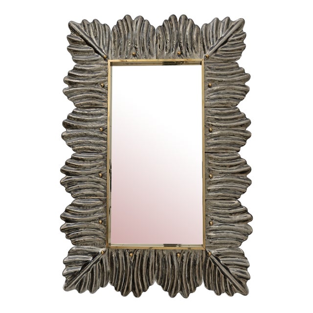 Mid-Century Modern Italian Brass and Leaves Murano Glass Wall Mirror, 1990s For Sale