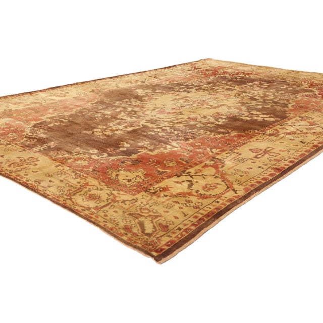 50561 Vintage Turkish Oushak Rug, 07'00 x 10'01. As if touched by the twilight of a distant Anatolian memory, this hand-...