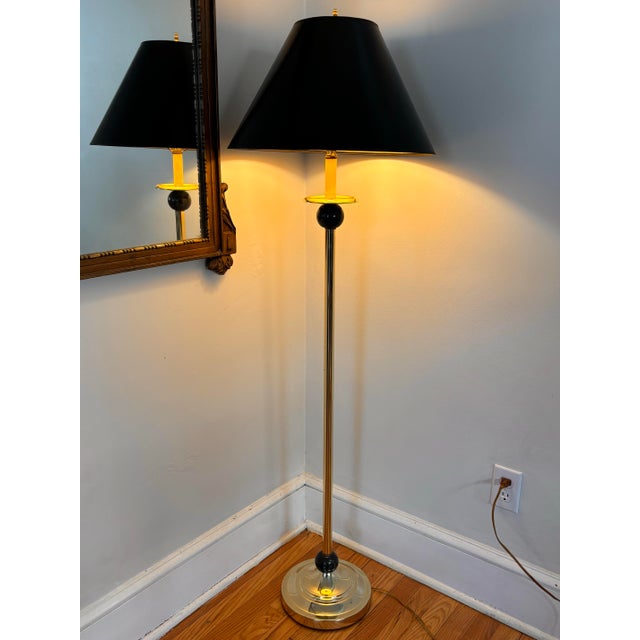 Contemporary 1970s Brass Floor Lamp With Marble Orbs and Black Shade For Sale - Image 3 of 11