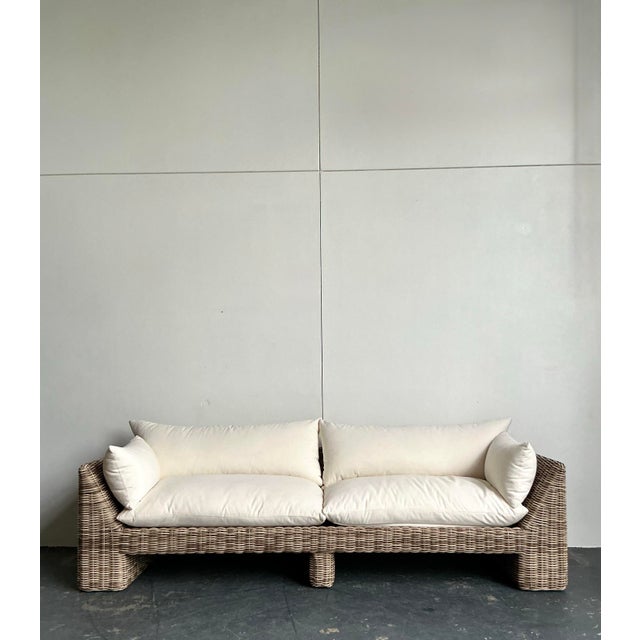 Wood Vintage Boho Holt Woven Resin Rattan Outdoor Sofa For Sale - Image 7 of 12
