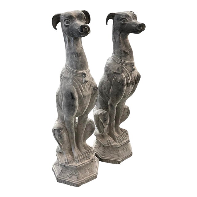 Pair of Mid-Century Hollywood Regency Cast Iron Seated Sighthound Statues For Sale