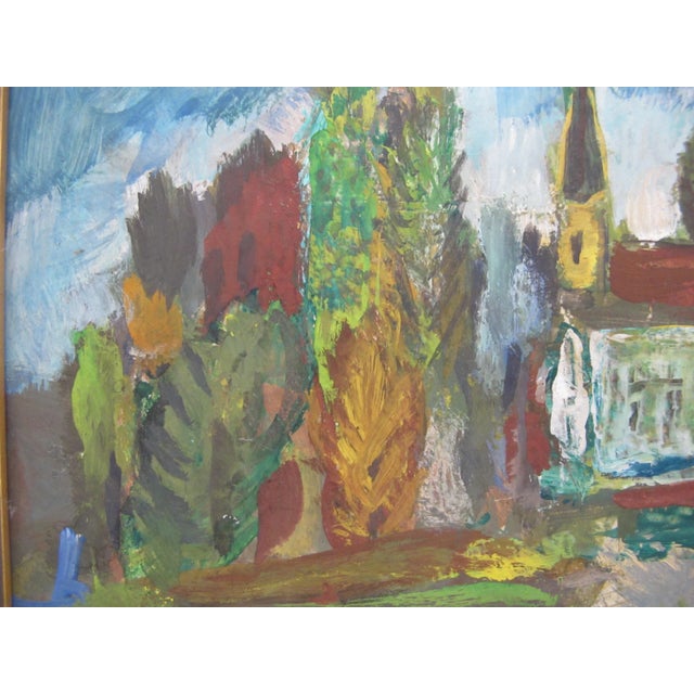 Impressionist Charles Heaney Oregon Signed Impressionist Village Old Church Casein Painting For Sale - Image 3 of 6