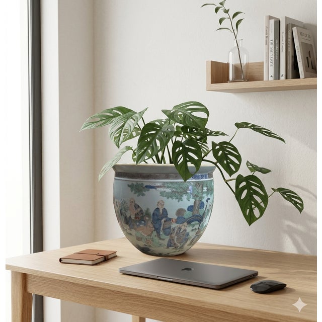 Vintage Oriental 18 Arhats Graphic Porcelain Round Pot Planter For Sale - Image 10 of 10