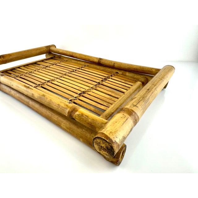1970s Vintage Mid Century Woven Bamboo Tray With Rustic Character For Sale - Image 5 of 13