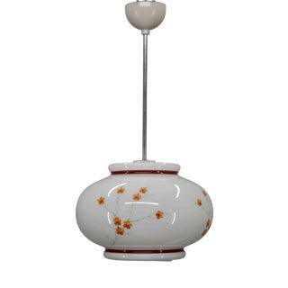Vintage Hand-Painted Milk Glass Pendant Light, 1970s For Sale
