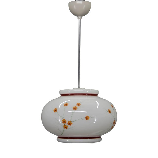 Vintage Hand-Painted Milk Glass Pendant Light, 1970s For Sale