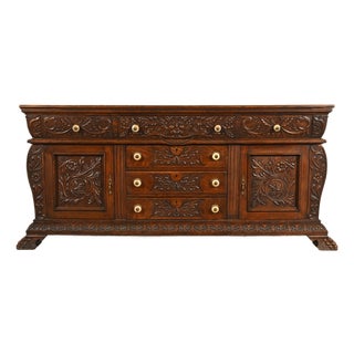 R. J. Horner Style Antique Victorian Renaissance Revival Carved Oak Sideboard Credenza or Bar Cabinet, Circa 1890s For Sale