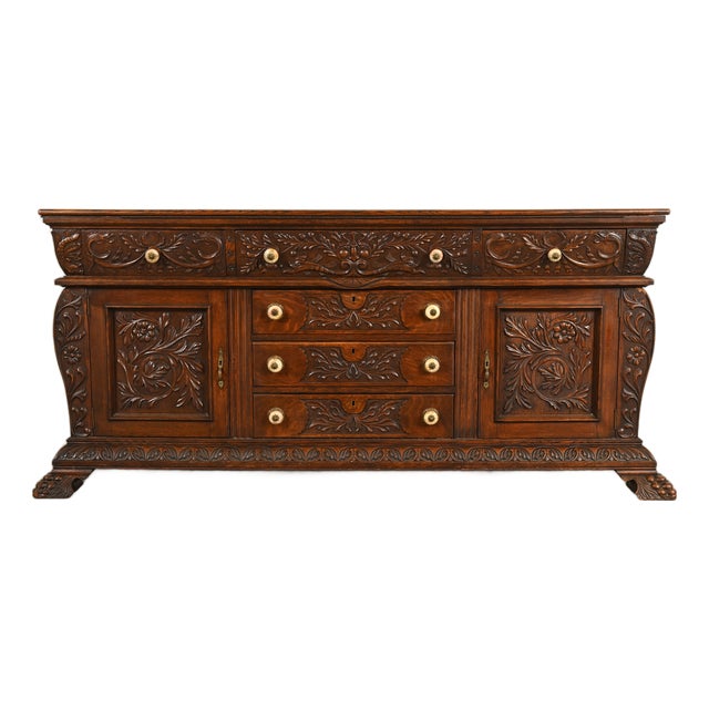 R. J. Horner Style Antique Victorian Renaissance Revival Carved Oak Sideboard Credenza or Bar Cabinet, Circa 1890s For Sale