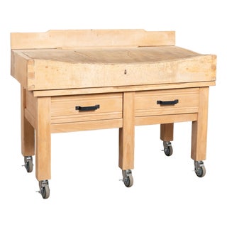 20th Century French Butcher Block Table on Casters For Sale