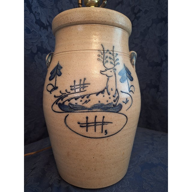 1980s 1980s Ethan Allen Crock Table Lamp With Deer Motif and Shade For Sale - Image 5 of 12