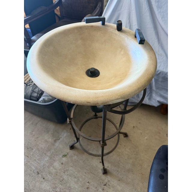 Cream Artisan Chiseled Travertine Stone Vessel Sink on Hand-Forged Wrought Iron Pedestal For Sale - Image 8 of 9