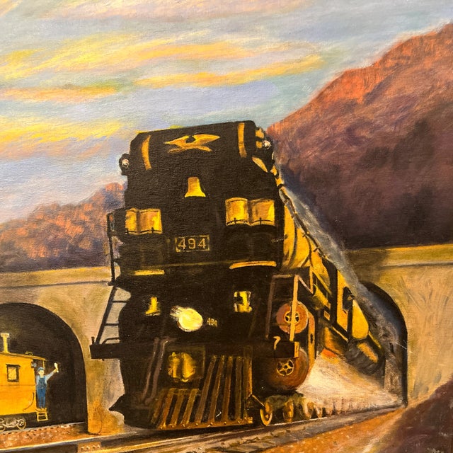Realist Mountain Landscape With Train Painting by J. Nelson 1971 For Sale - Image 4 of 9
