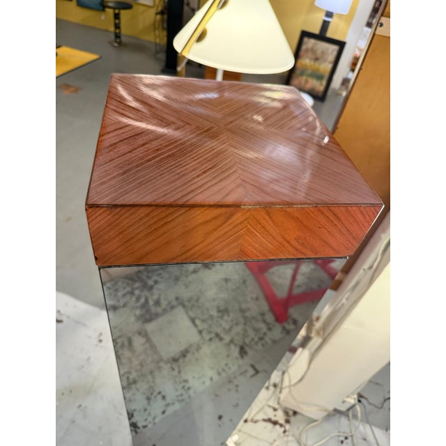 Large Mirrored Column Pedestal With Woodgrain Top For Sale - Image 4 of 6