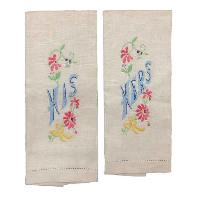 His and Hers Embroidered Linen Hand Towel Set of 2 For Sale