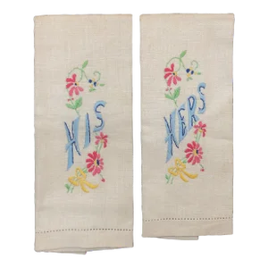 His and Hers Embroidered Linen Hand Towel Set of 2